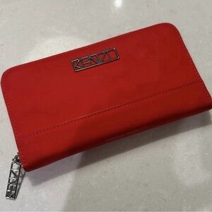Kenzo Paris Red Leather Zip Around Long Wallet Logo Designer Clutch